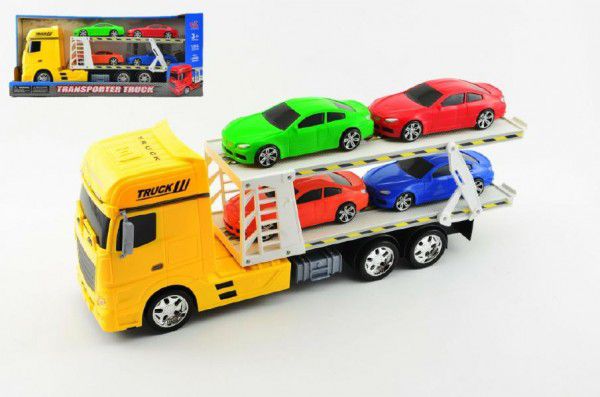 Auto přepravník + 4 auta plast 45cm na setrvačník asst 3 barvy v krabici