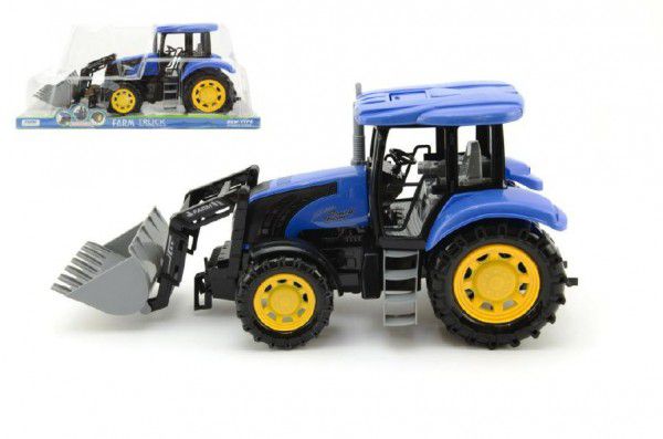Modrý traktor s radlicí plast 42cm na setrvačník v krabičce