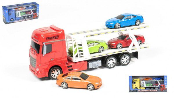 Auto přepravník + 4 auta plast 45cm na setrvačník asst 3 barvy v krabici