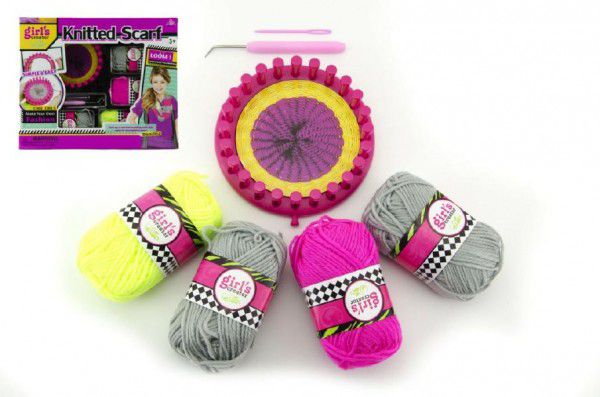 Pletací sada kroužek 13,5cm plast + pletací příze 4ks v krabici 35x29x6cm