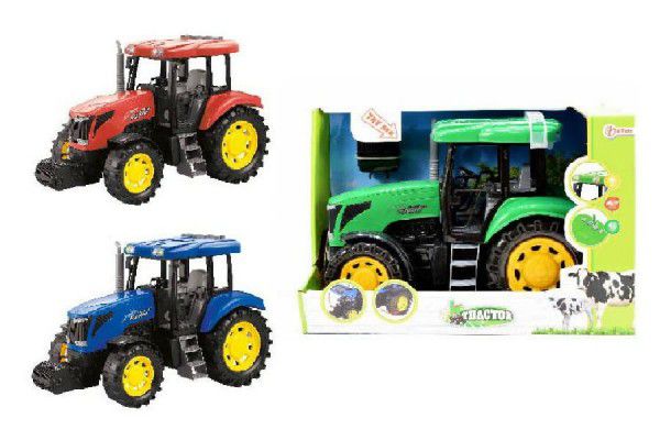 Traktor plast 28cm asst 3 barvy na baterie se zvukem se světlem na setrvačník v krabici