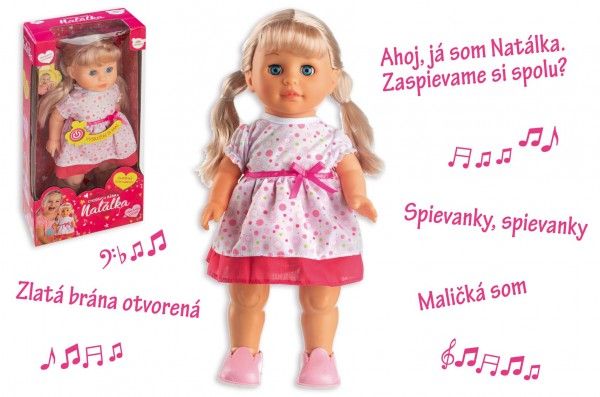 Panenka Natálka chodiaci a slovensky  spievajúc plast 42cm na batérie so zvukom v krabici 