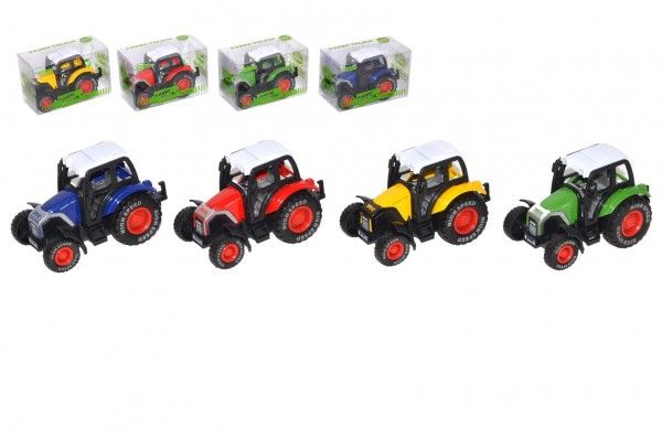 Traktor kov/plast 7cm na zpětné natažení 4 barvy v krabičce 8x5x4cm 8ks v boxu