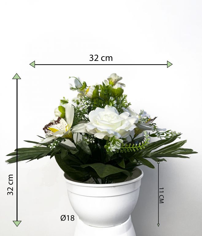 Dekorativní miska s umělou růží a orchidejí, bílá, 32 cm