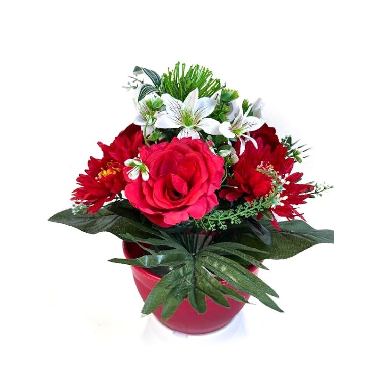   Dekorativní miska s umělou chryzantémou a růží, červená, 32 cm