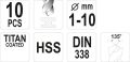Sada vrtáků do železa HSS-TiN 10ks 1-10mm