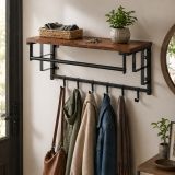 Nástěnný věšák s policí, tyčí a 5 háčky, 66 cm