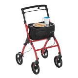 Lehké hliníkové chodítko s brzdou, tácem a taškou, červené