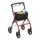 Lehké hliníkové chodítko s brzdou, tácem a taškou, červené