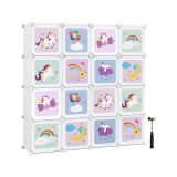 Kostkový regál pro děti 16 boxů – motiv jednorožci, bílý